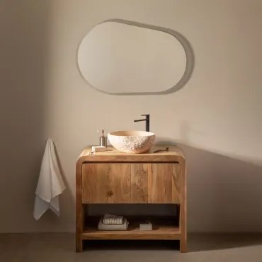 Vacry Houten Badkamermeubelset Acacia Bruin & Onregelmatige In Beige Cement ↔︎40 Cm Fedro & Ovaal Led En Anticondens 100x80 - Sklum