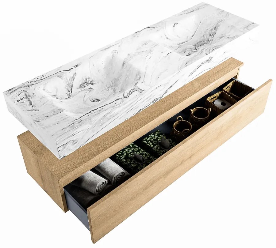 Mondiaz Alan DLux badmeubel 150cm washed oak 1 lade met wastafel glace dubbel 2 kraangaten