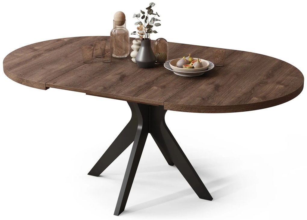 RENZO Bruin Eiken/zwarte poot - RONDE TAFEL Ø110 UITKLAPBAAR TOT 180 cm | VOOR DE KEUKEN EETKAMER WOONKAMER RETRO