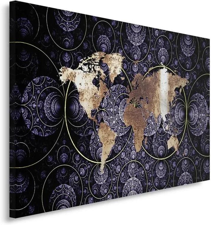 Schilderij - Wereldkaart op paarse psychedelische achtergrond