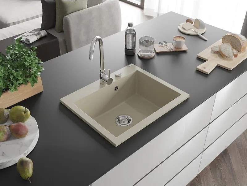 Mexen Elix granieten gootsteen 1-kamer 600 x 500 mm, beige, chrom sifon - 6525601005-69