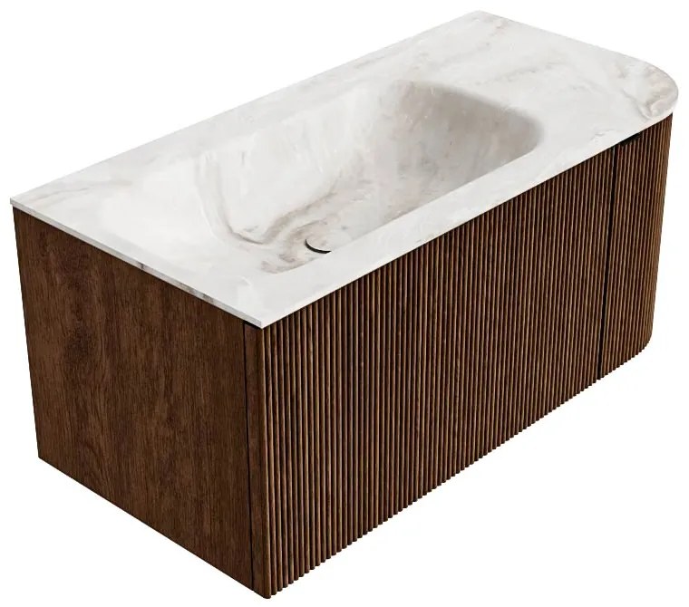 Mondiaz Kurve-dlux 95cm badmeubel ronding rechts walnut met 1 lade en deur en wastafel big small kraangat links frappe