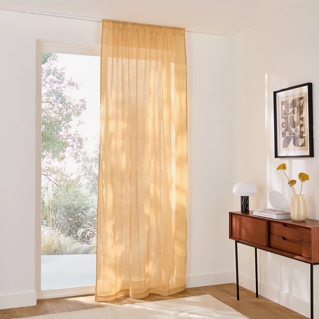 Linnen glasgordijn met gerimpelde bies en golf, ONEGA