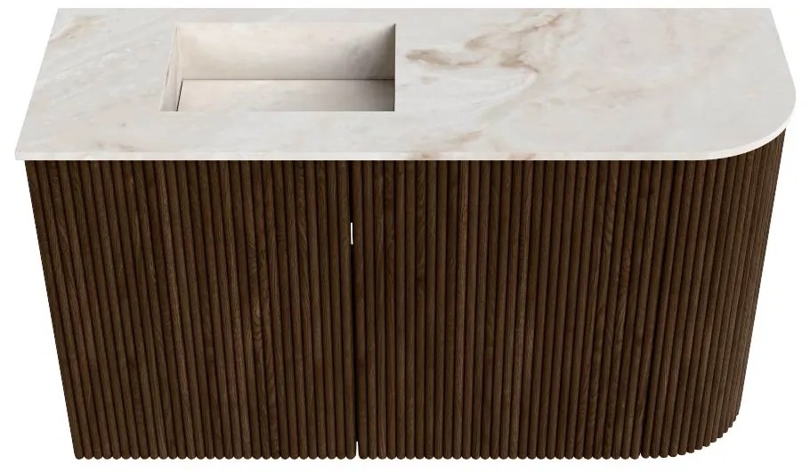 Mondiaz Joya DLux 70cm toiletmeubel ronding rechts walnut met wastafel faye links zonder kraangat frappe