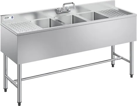 VEVOR 3-koms spoelbak met 2 afvoeren en spatbescherming, keuken spoelbak (1524 x 470 x 838 mm), keuken spoelbak voor restaurants, foodtrucks en privégebruik, roestvrijstalen spoelbak met kraan
