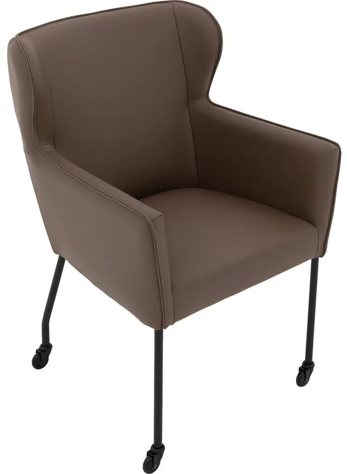 Goossens Excellent Eetkamerstoel Leogang bruin leer met armleuning en Zwart skater wiel met zwarte kapmet wielen, elegant chic