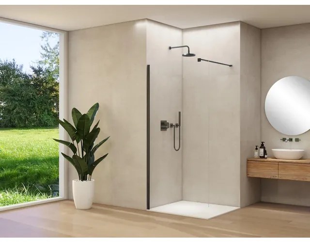 Van Rijn Products ST01 vaste wand - 118x200cm - helder glas - - dikte 8mm - stabilisatiestang - muurprofiel - zwart ST01500120HEZWM