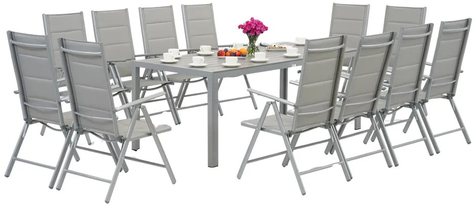 Garden Point lichtgrijze aluminium tuinmeubelen met grote Polywood Verona tafel voor 12 personen