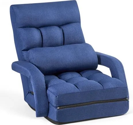VEVOR Vloerstoel, 5-voudig verstelbaar, vloerfauteuil met rugleuning, armleuningen en kussen, relaxfauteuil met metalen frame, schuim- en linnen bekleding, om te lezen en te ontspannen, donkerblauw