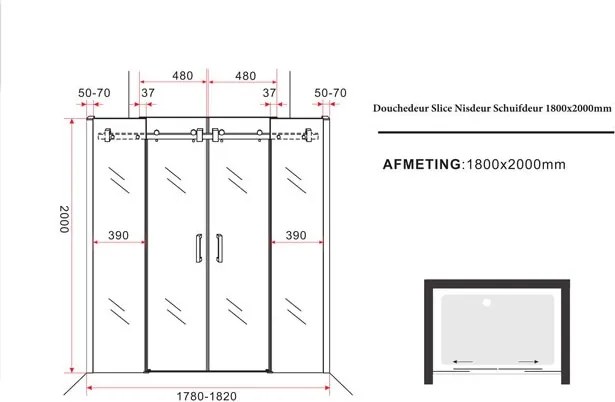 Douchedeur Slice Nisdeur Schuifdeur 180x200cm Antikalk Helder Glas Chroom Profiel 8mm Veiligheidsglas Easy Clean