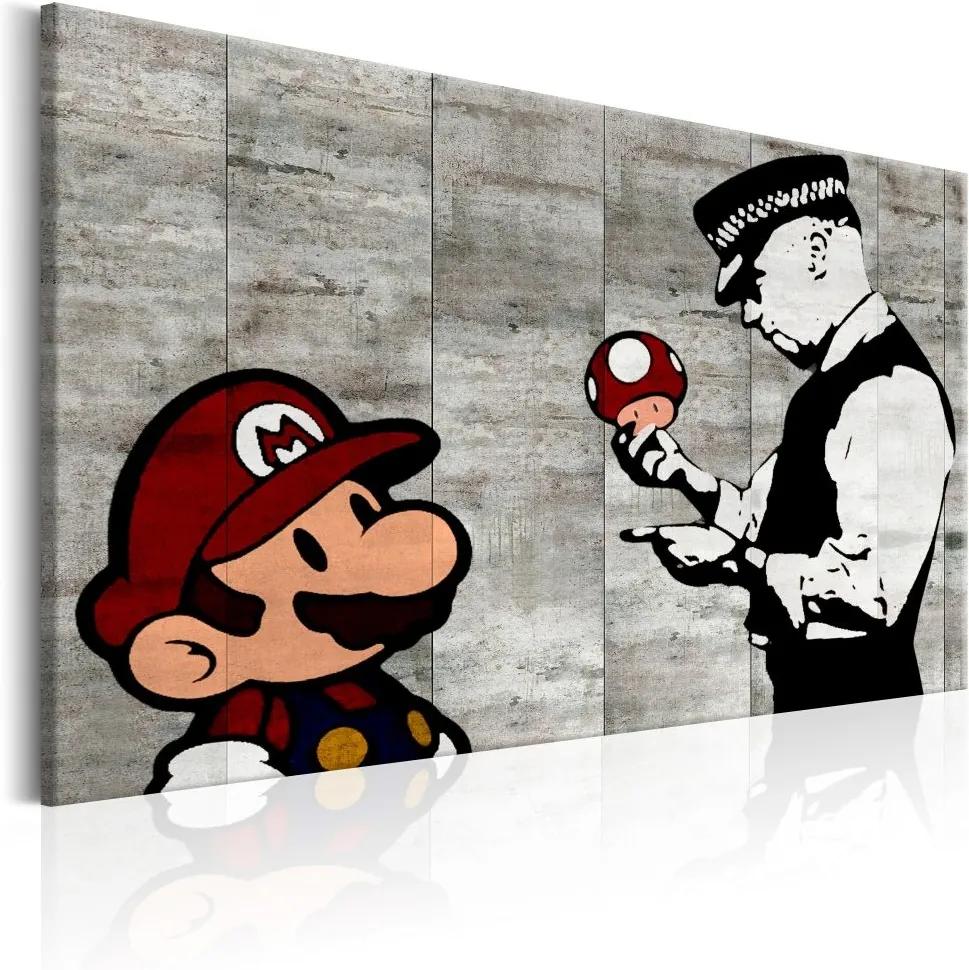 Schilderij - Mario en politieagent op beton , Banksy , betonlook