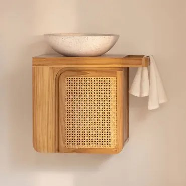 Georgy Zwevend Badkamermeubelset Van Teakhout Teakhout & Rond Cement Wit Ø40 Cm Zavion & Spiegelloze & Zonder Kraan - Sklum