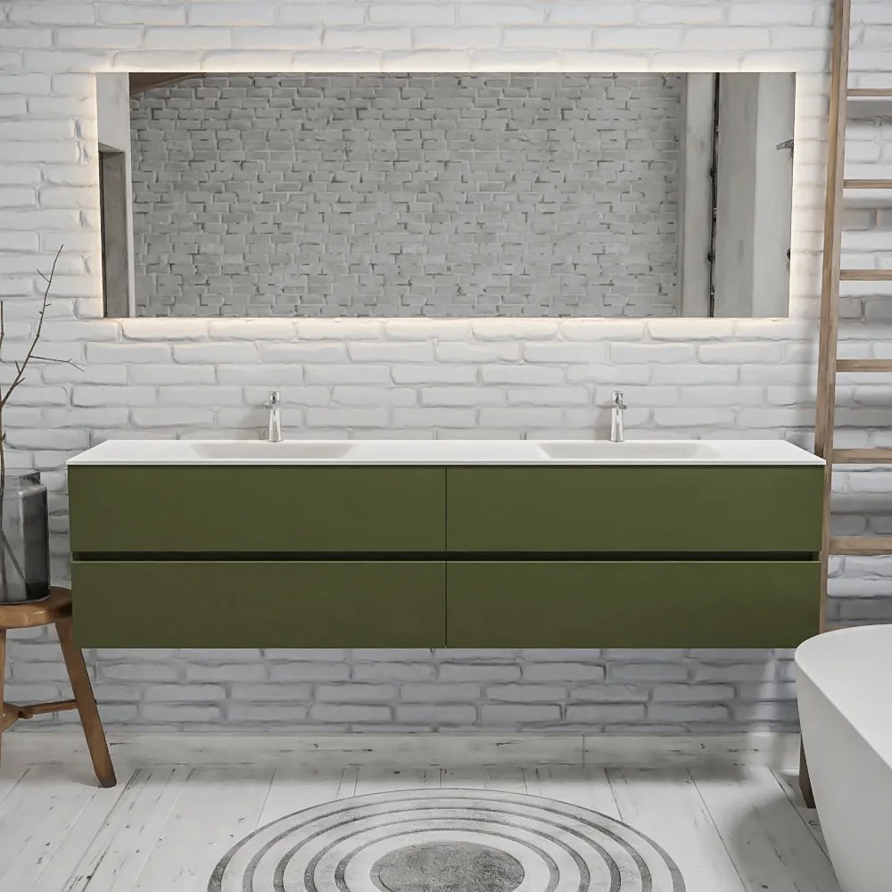 Zaro Valencia Solid Surface badmeubel 200cm mat army groen 2 kraangaten dubbele spoelbak met 4 lades