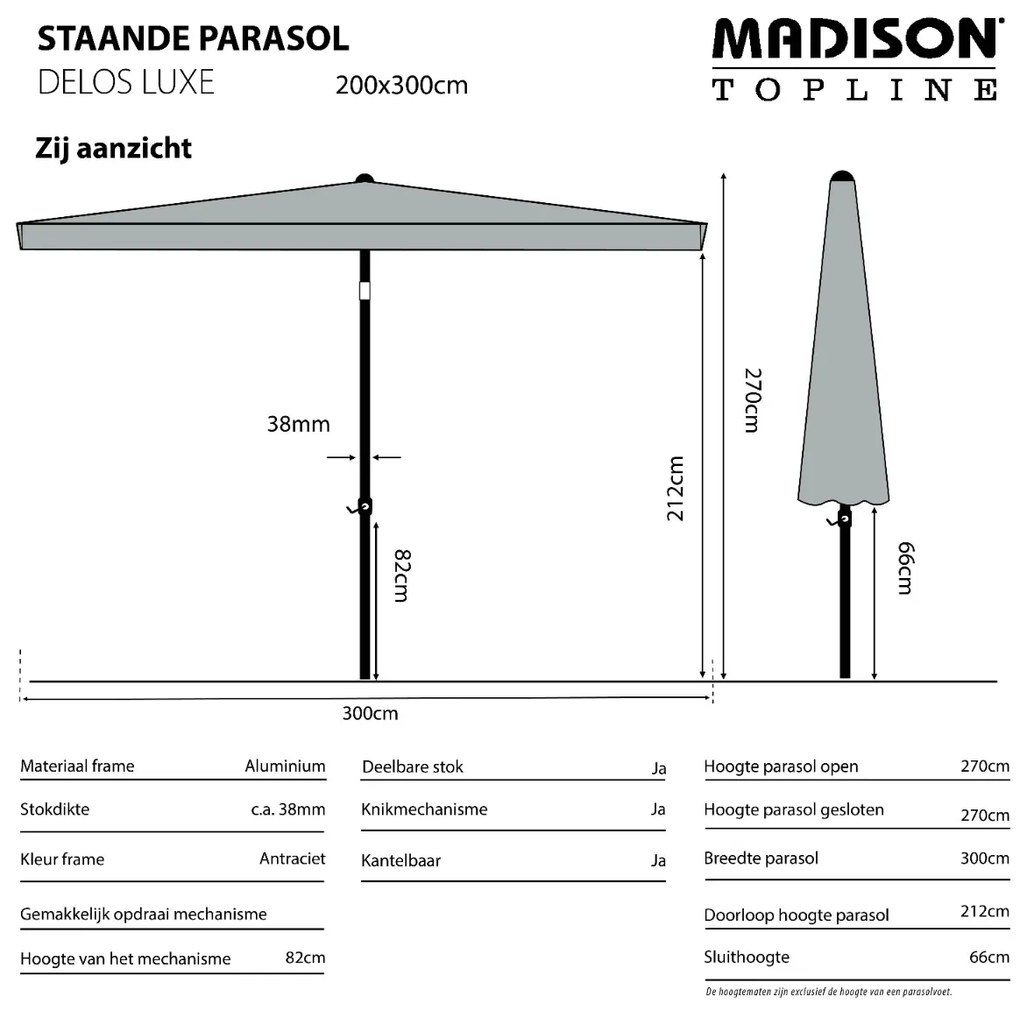 Madison stokparasol Delos luxe Taupe 200x300 cm.