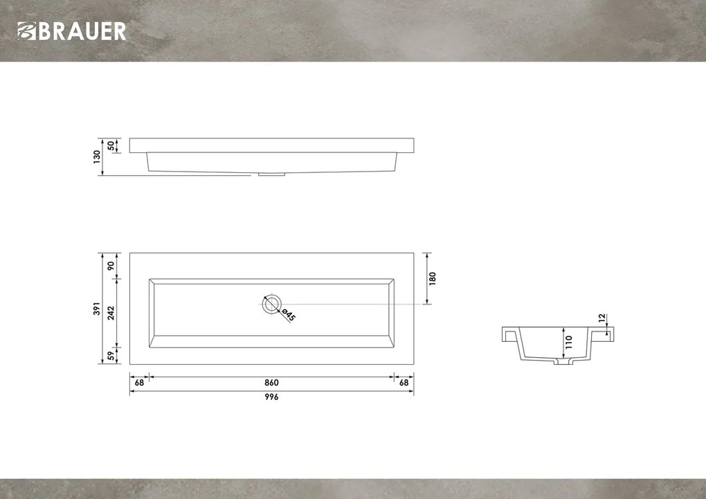 Brauer Spring wastafel mineraalmarmer 100cm zonder kraangat wit glans