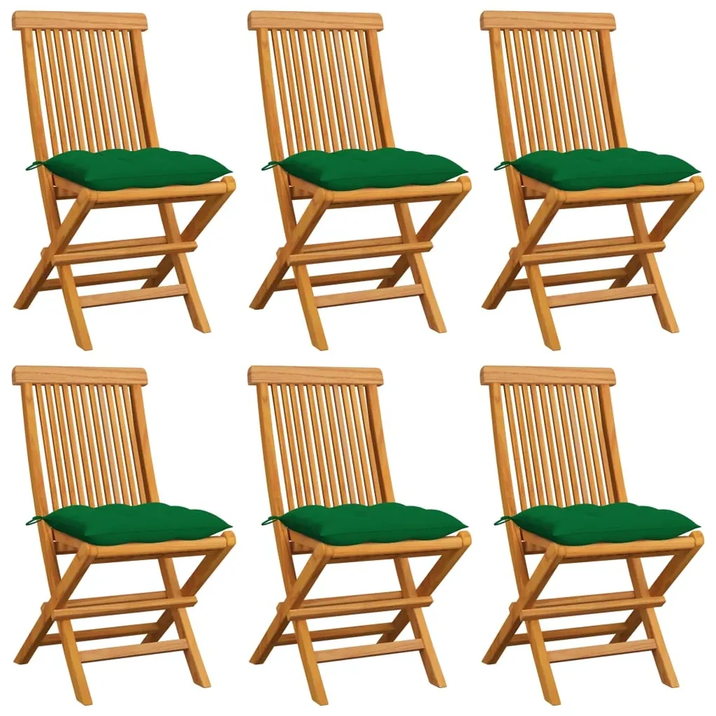 vidaXL Tuinstoelen 6 st met groene kussens massief teakhout