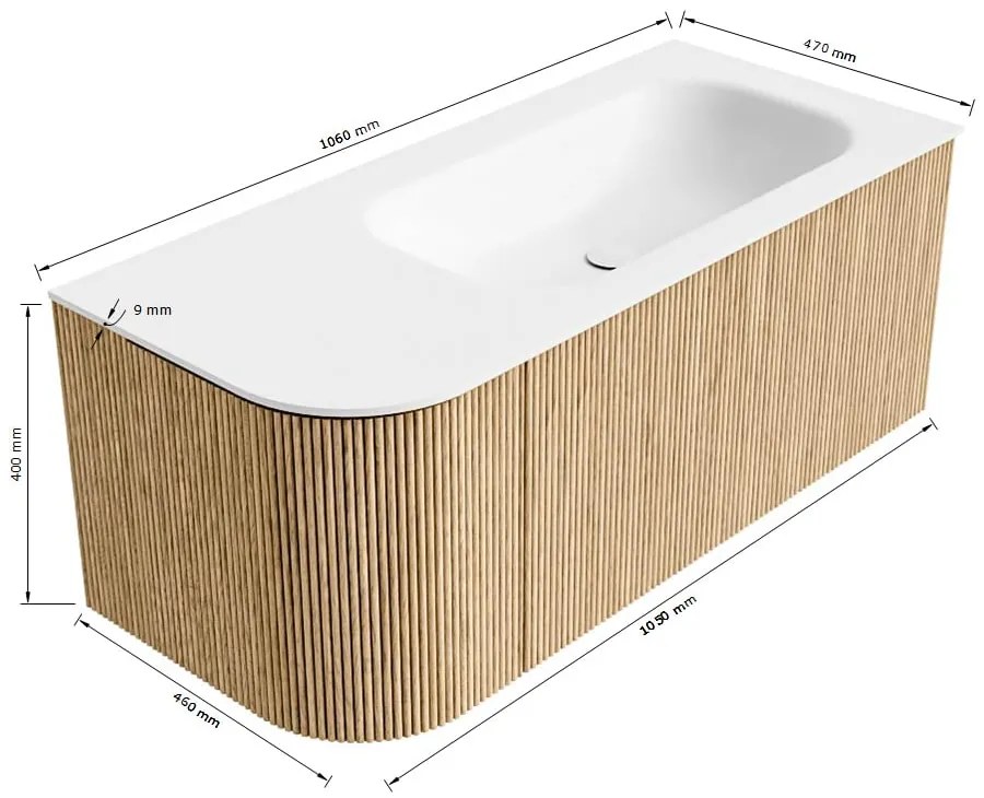 Mondiaz Kurve 105cm badmeubel ronding links oak met 1 lade en deur en wastafel big small kraangat rechts urban