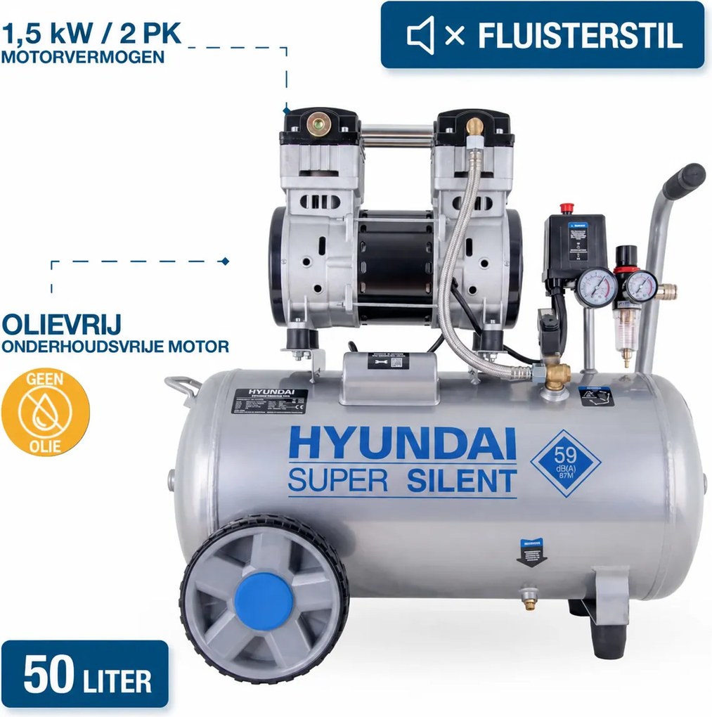 Hyundai 50 Liter Stille Compressor – 8 Bar, 232 l/min en Olievrij | SAC55753