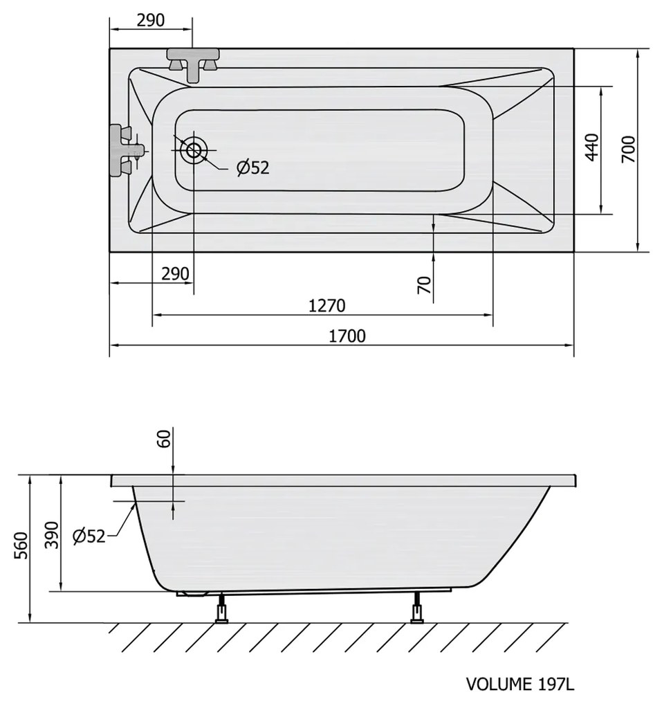 Polysan Noemi ligbad 170x70x39cm wit glans