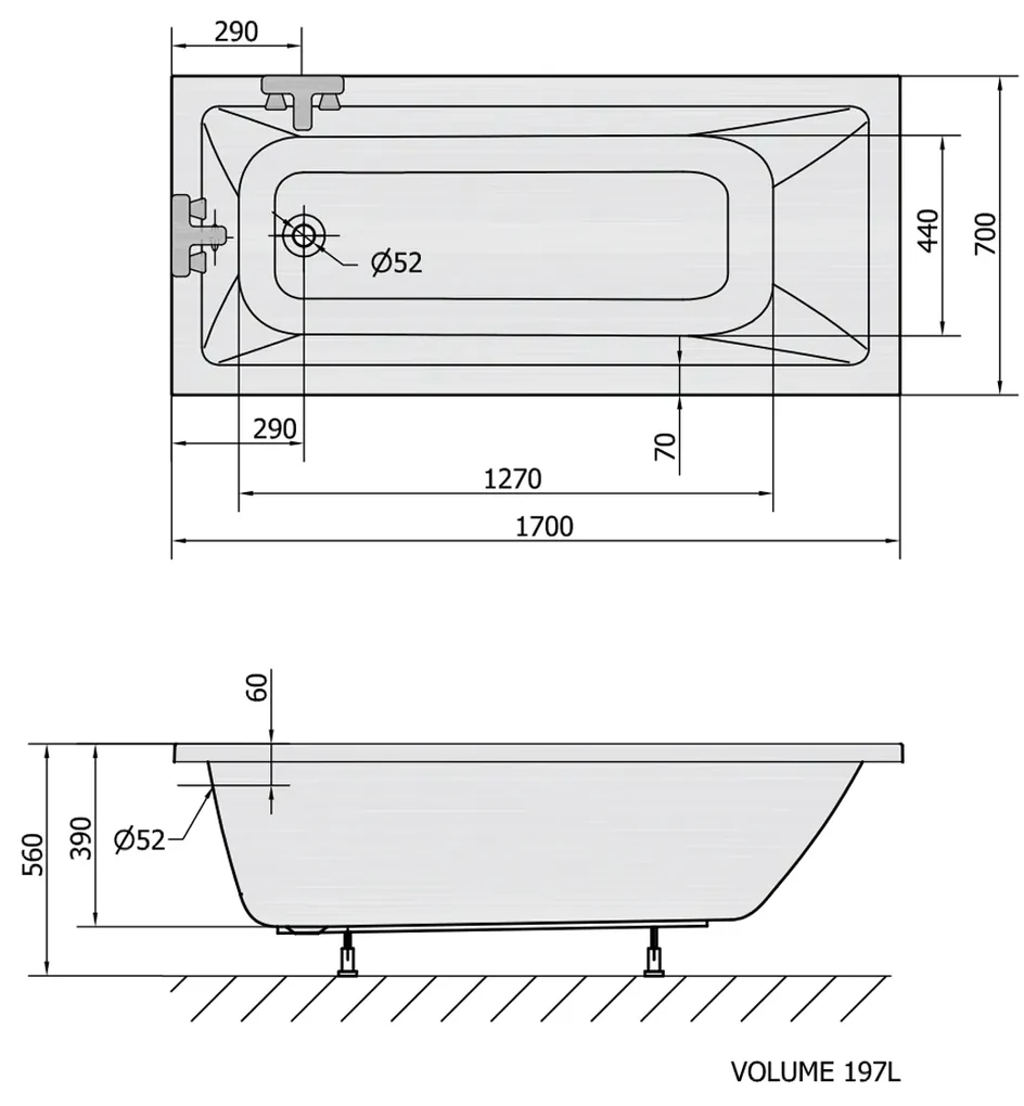 Polysan Noemi ligbad 170x70x39cm wit glans