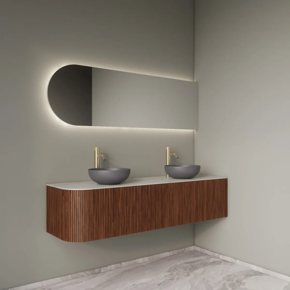 Gliss Design Alluro badmeubel ribbelfront met ronding links 160cm walnut en wit marmer toppaneel