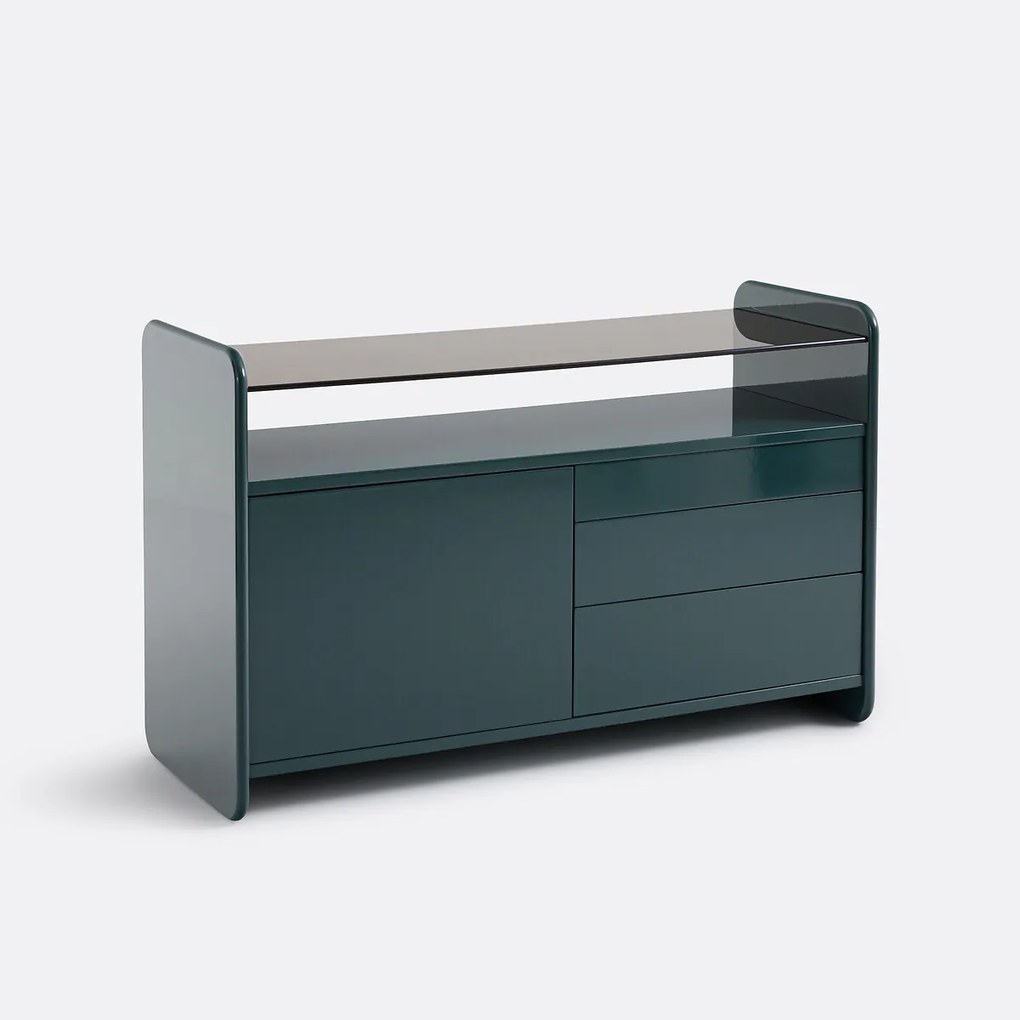 Gelakt dressoir met blad van gerookt gehard glas, 1 deur en 3 lades, ERICSON