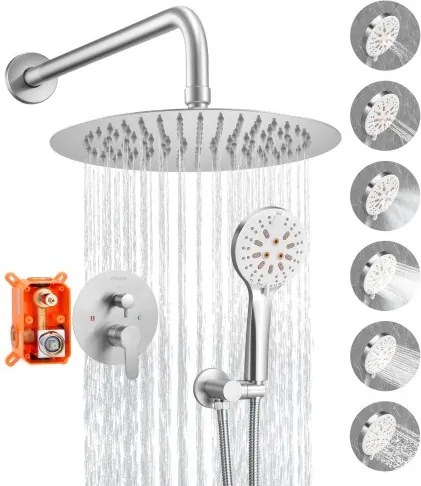 VEVOR Douchekraan Regendouchesysteem voor Badkamer Douchesysteem met 254 mm Ronde Regendouchekop & Handdouche, Wandgemonteerde Badkamerkranen met Messing Klep & Afwerkingsset, Geborsteld Nikkel