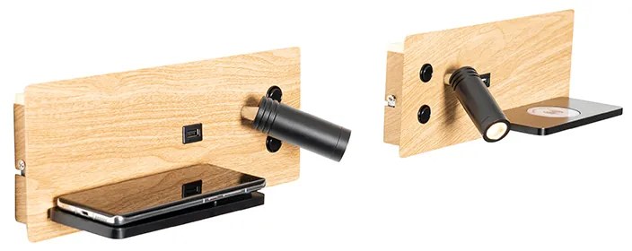 Set van 2 wandlamp zwart met hout incl. LED met USB en inductielader - Riza