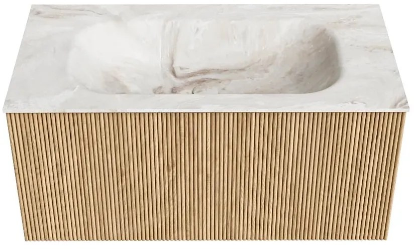 Mondiaz Kurve-dlux 90cm badmeubel oak met 1 lade en wastafel big small midden zonder kraangat frappe