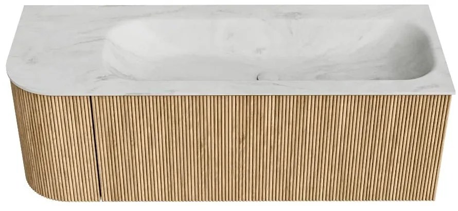 Mondiaz Kurve-dlux 125cm badmeubel ronding links oak met 1 lade en deur en wastafel big medium rechts zonder kraangat opalo
