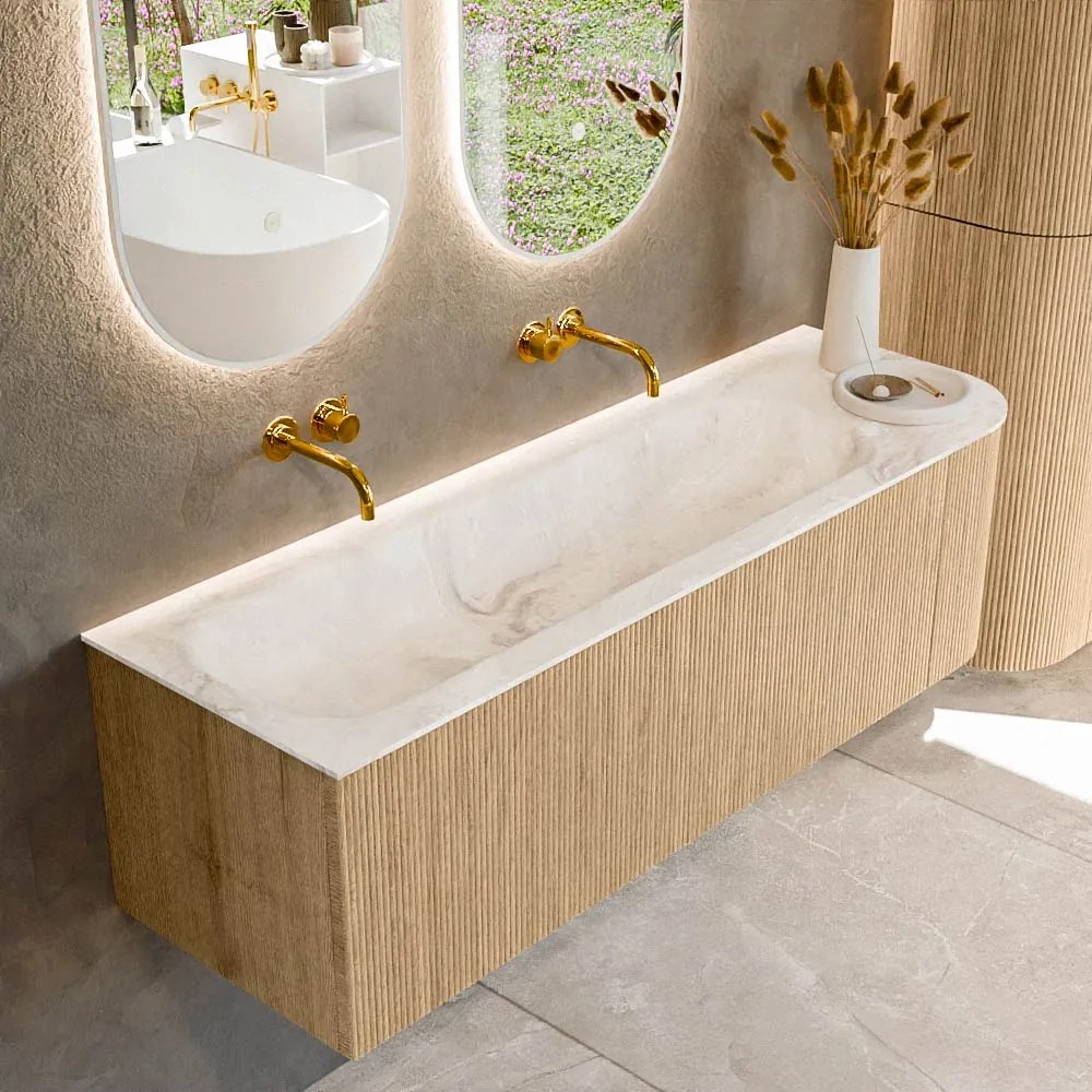 Mondiaz Kurve-dlux 145cm badmeubel ronding rechts oak met 1 lade en deur en wastafel big large links zonder kraangat frappe