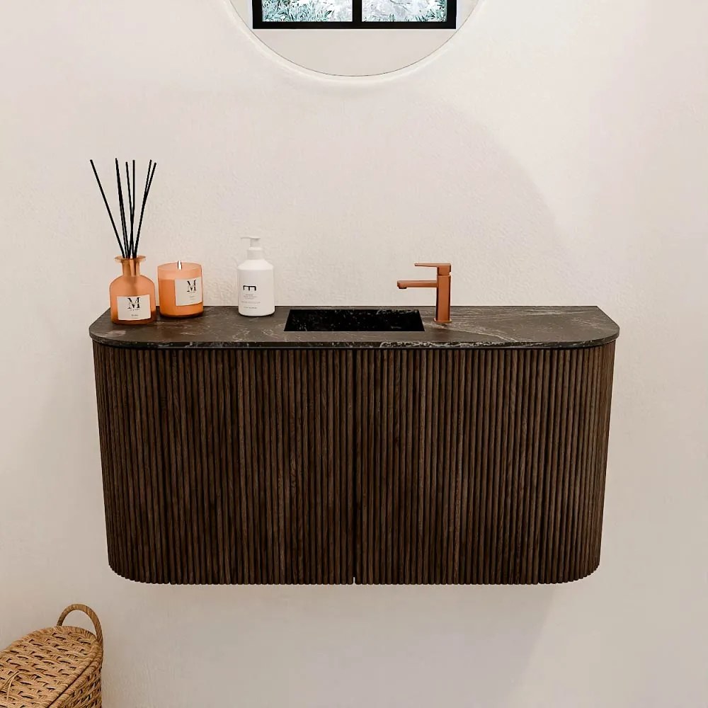 Mondiaz Joya DLux 85cm toiletmeubel ronding links/rechts walnut met wastafel faye midden 1 kraangat lava