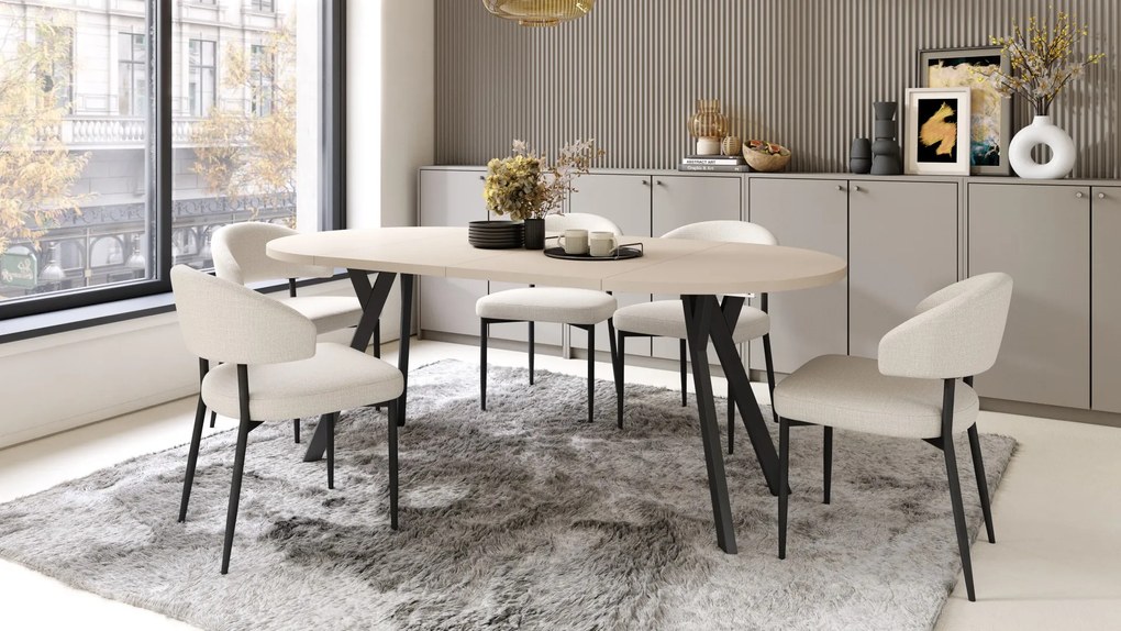 ALMO 100 Beige/Zwarte poten - RONDE LOFT/INDUSTRIËLE TAFEL VOOR WOONKAMER/EETKAMER, UITSCHUIFBAAR