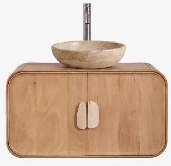 Hangend Badkamermeubelset 95x45 Cm Van Mangohout En Natuurlijke Kivalina-steen Spiegelloze & Geborsteld Grijs ↑30 Cm Met Aftapkraan Zonder Overloop Or