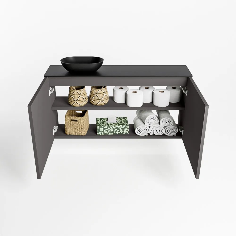 Mondiaz Fowy toiletmeubel 100cm dark grey met zwarte waskom links en kraangat