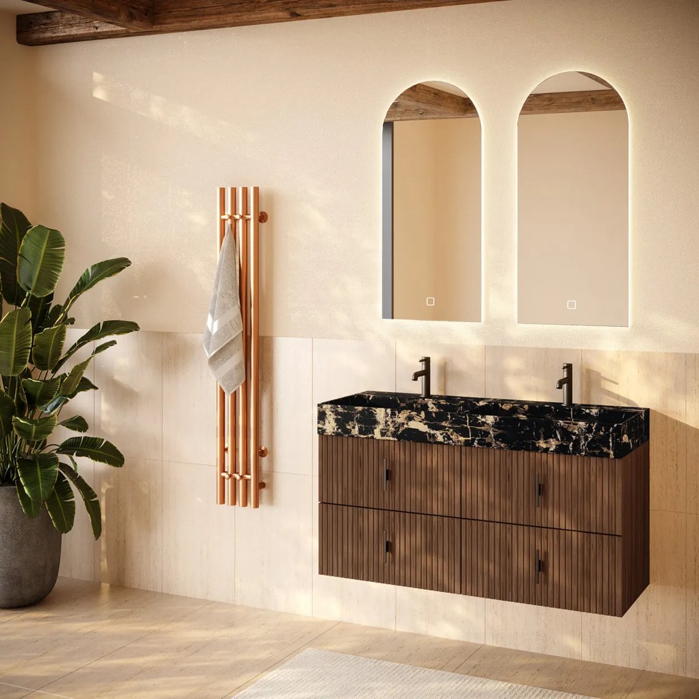 Muebles Murcia badmeubel ribbelfront 120cm walnoot met Portoro Gold wastafel met kraangaten