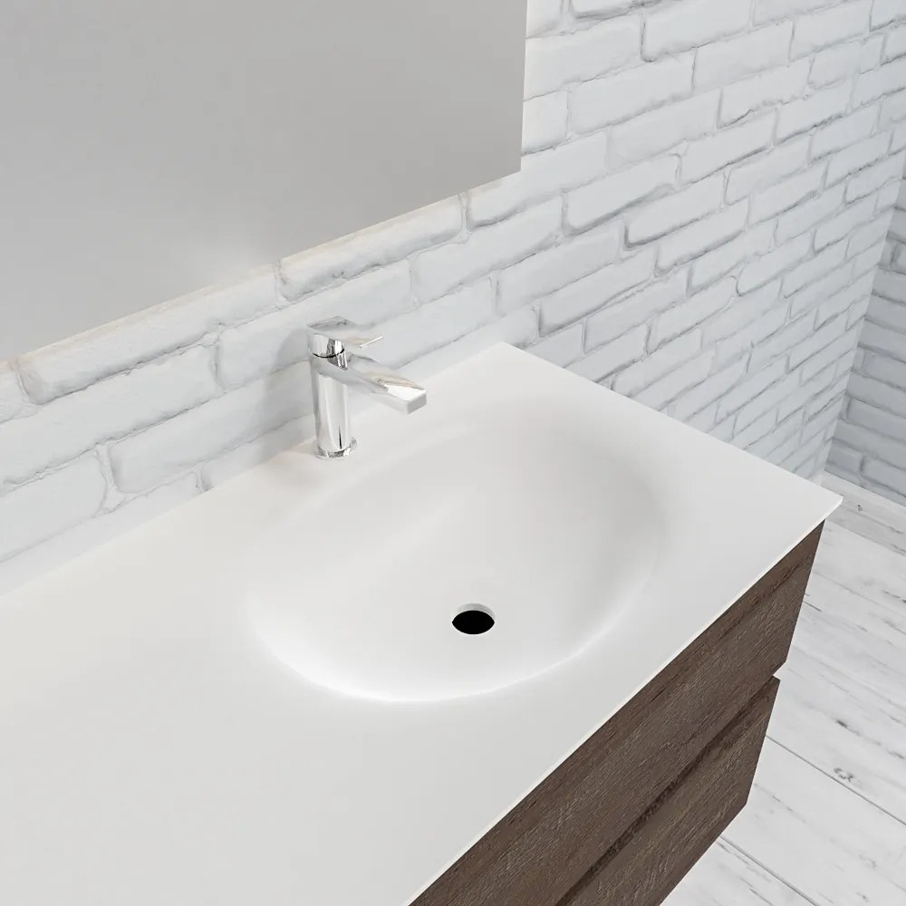 Zaro Sevilla Solid Surface badmeubel 100cm donker eiken 1 kraangat spoelbak rechts met 2 lades