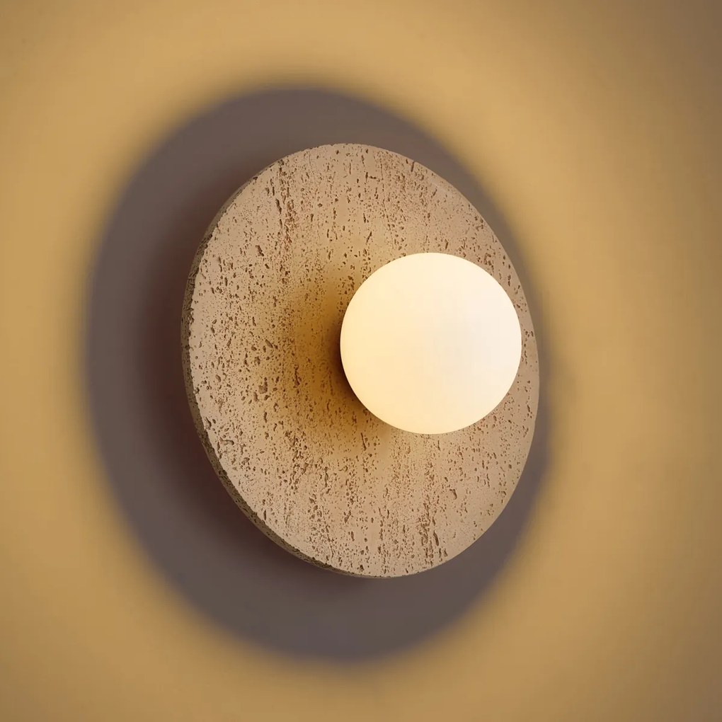 Japandi wandlamp naturel steen rond met opaal glas - Josie