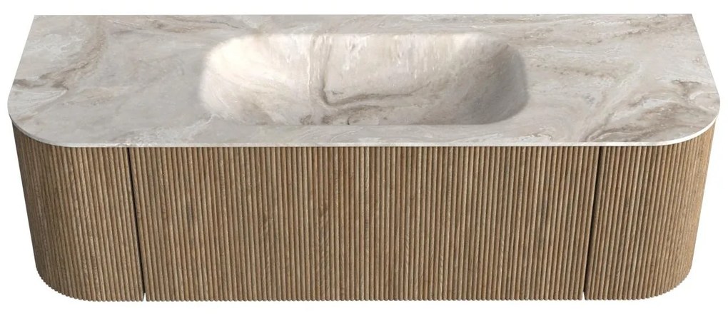 Mondiaz Kurve-dlux 140cm badmeubel ronding links/rechts dusk met 1 lade en 2 deuren en wastafel big small midden zonder kraangat frappe