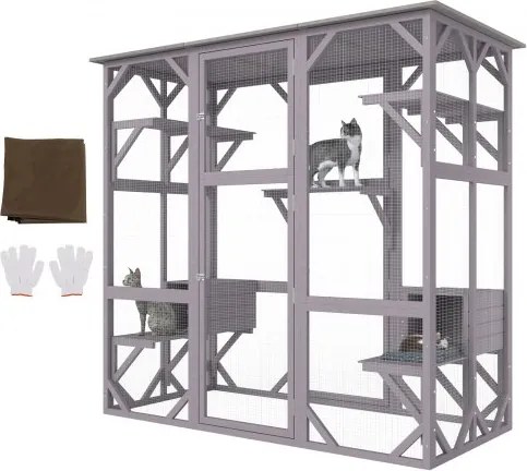 VEVOR Cat Cage Condo Catio Houten Kattenverblijf met 5 Platforms, 7-laags Speelpen voor Huisdieren met 2 Rustbakken, Kattenkooi met Waterdicht Dak, 180 cm L x 88 cm B x 168 cm H