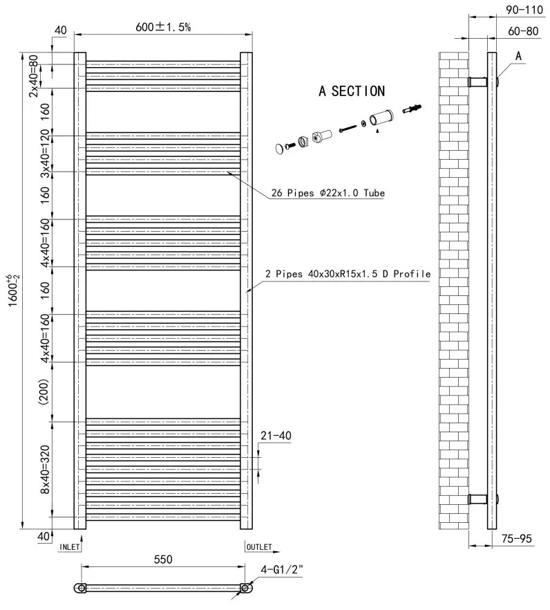 Eastbrook Wendover handdoekradiator 60x160cm 867W antraciet mat