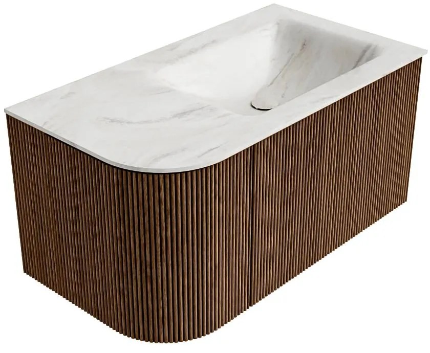Mondiaz Kurve-dlux 85cm badmeubel ronding links walnut met 1 lade en deur en wastafel cloud kraangat rechts ostra