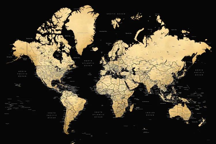 Art Print Blursbyai - Black and gold world map, (60 x 40 cm)