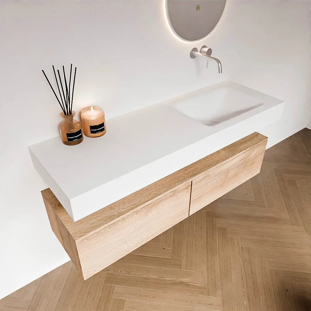Zaro Alan badmeubel 140cm washed oak 2 lades met vrijhangende wastafel cloud rechts zonder kraangat talc