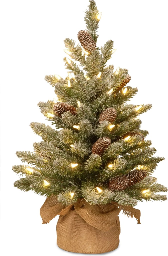 Snowy Concolor Burlap kunstkerstboom - 61 cm - groen - Diameter 41 cm - 50 ledlampjes - besneeuwd &amp; dennenappels - jute zak