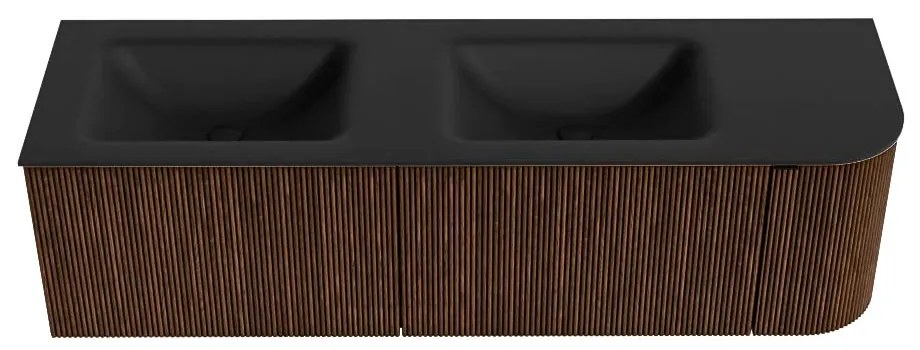 Mondiaz Kurve 155cm badmeubel ronding rechts walnut met 2 lades en 1 deur en wastafel cloud dubbel/links zonder kraangat urban