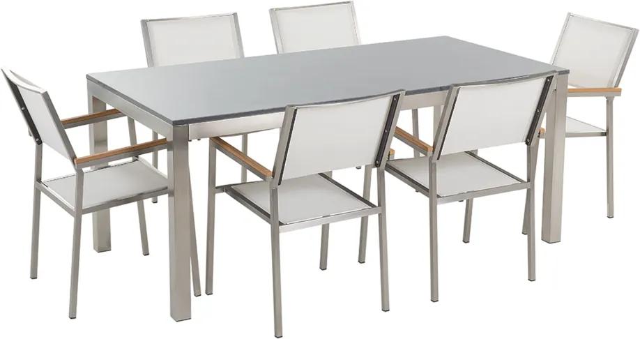 Tuinset gepolijst graniet/RVS grijs enkel tafelblad 180 x 90 cm met 6 stoelen wit GROSSETO