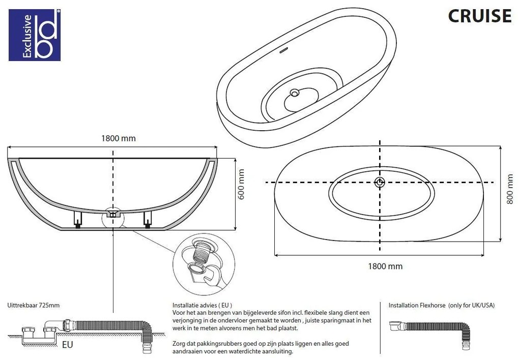 Best Design Cruise solid surface vrijstaand bad 180x80x60cm mat wit