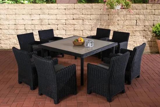 Tuinset ST. AUGUSTIN - uit polyrotan Wicker 8x zetel incl. kussens + 1x tafel 150x150 - kleur van rotan: zwart overtrek: ijzerachtig grijs