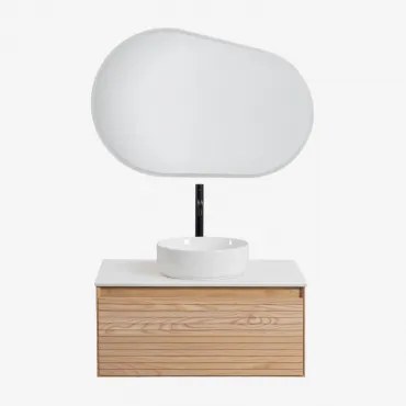 Tedrik Zwevend Badkamermeubelset Van Essenhout Ash Brown & Rond Keramiek Wit Ø40 Cm Lenka & Ovaal Led En Anticondens 100x80 Cm Riben & - Sklum